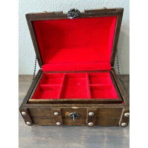 Vintage Wood Treasure Chest Jewelry Box Red Lined